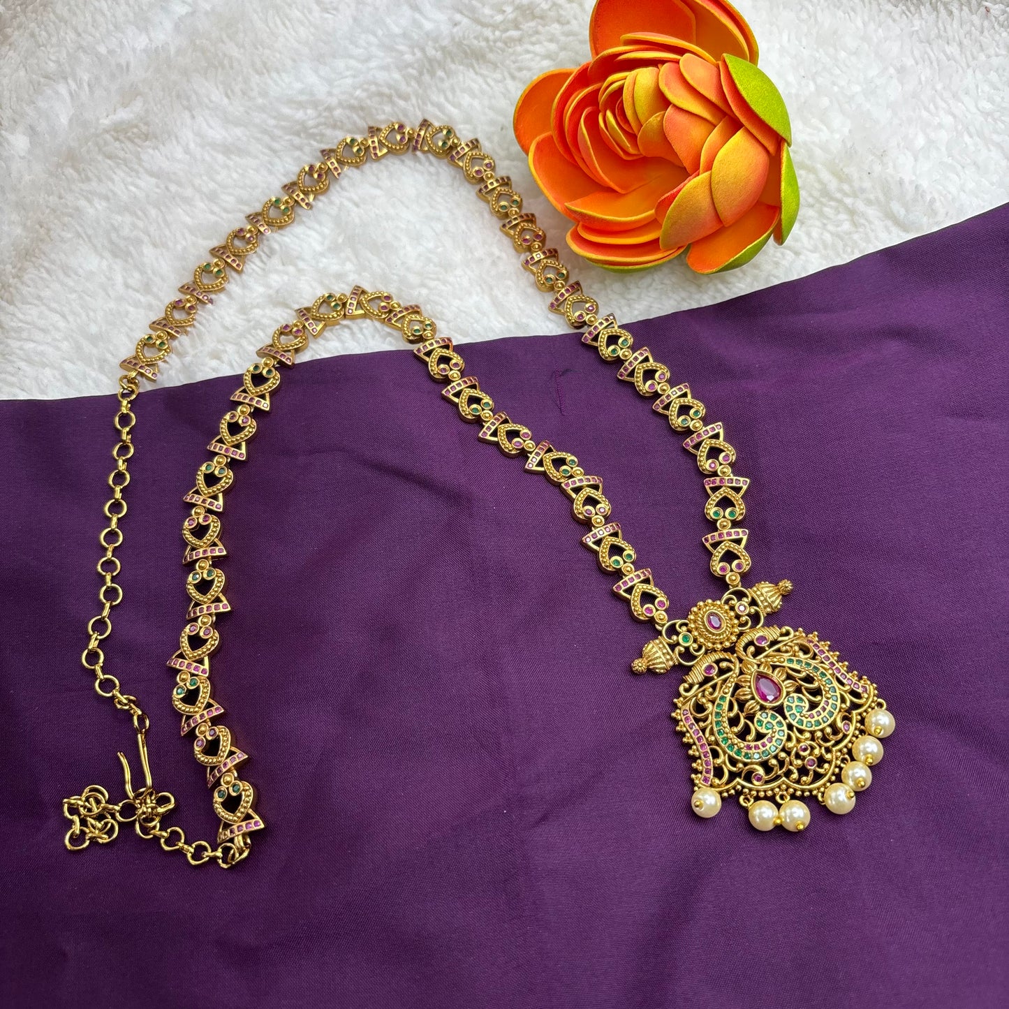 Regal Radiance – Matte Gold Finish Long Haram with Matching Jhumka Set