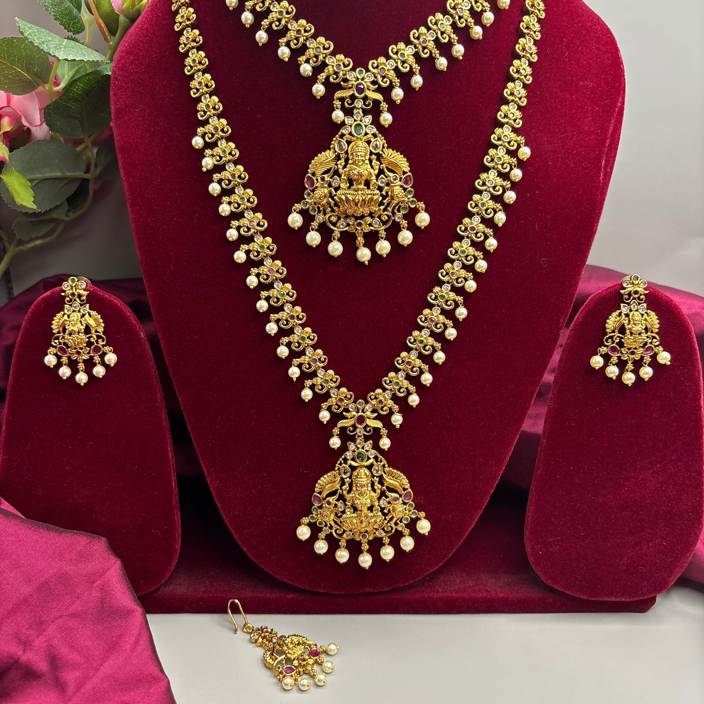 Divine Elegance – Temple Design Semi-Bridal Set with CZ Stones & Pearls