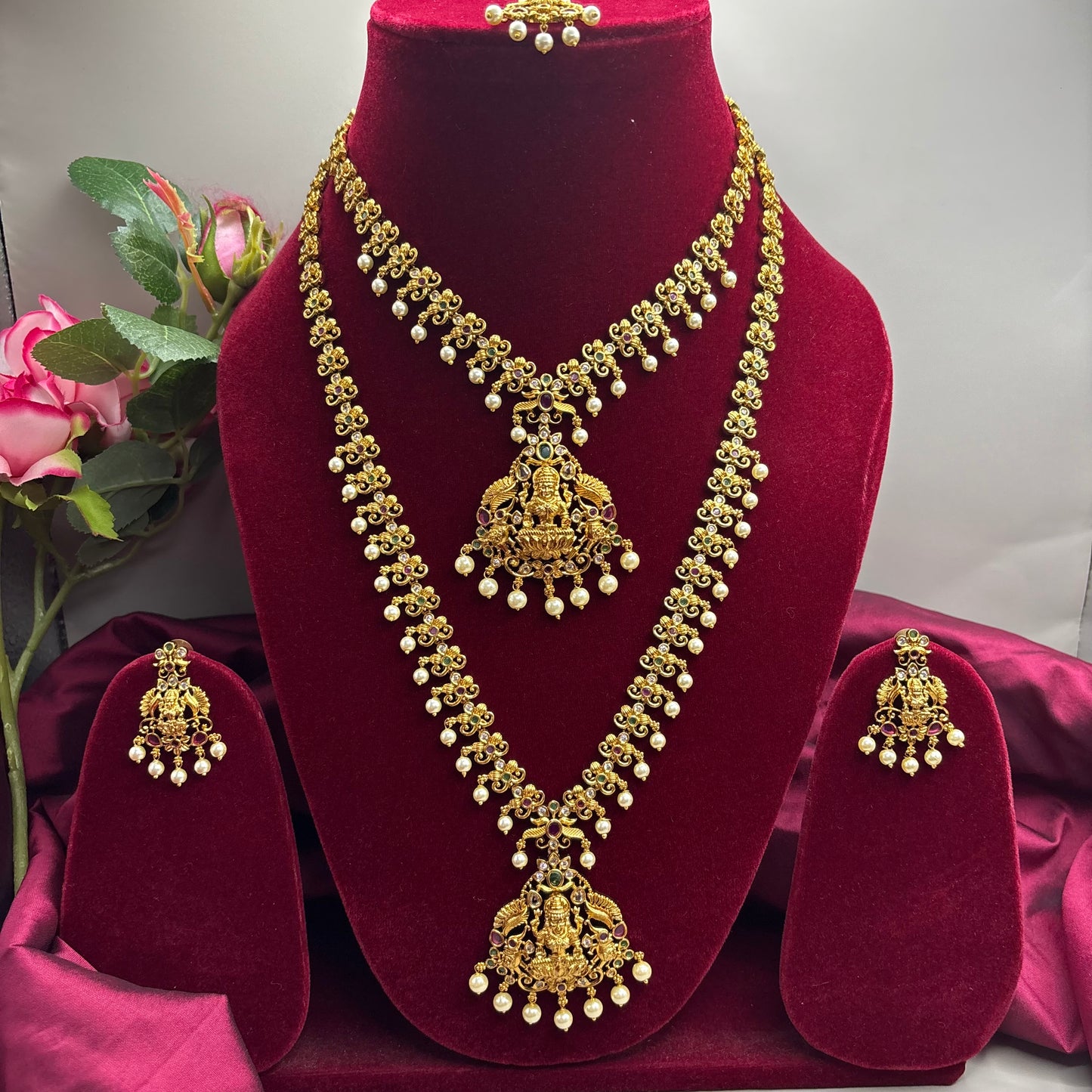Divine Elegance – Temple Design Semi-Bridal Set with CZ Stones & Pearls