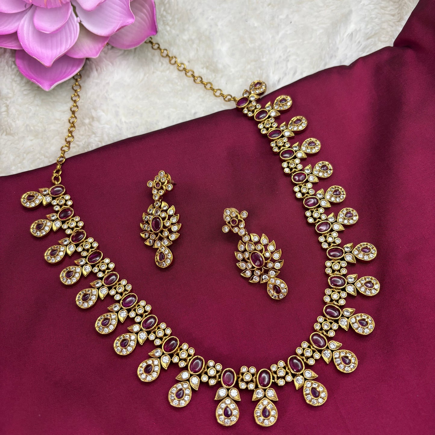 Grace in Bloom – Pink Kemp & CZ Stone Necklace Set in Antique Finish