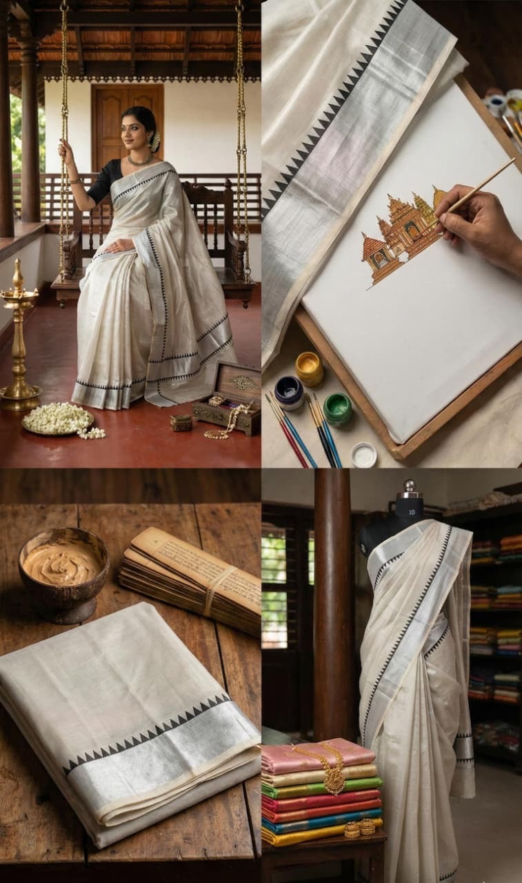 Kerala Tissue Silk Saree with Silver Temple Border – Festive Wear | Shrees Fashion