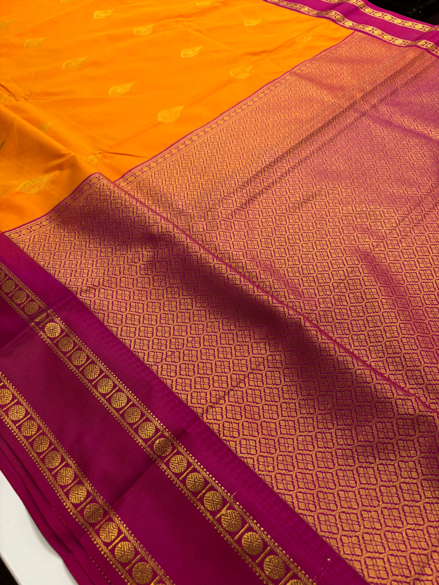 Kanchipuram Semi Silk Saree – Mango Yellow Body with Magenta Border and Pallu