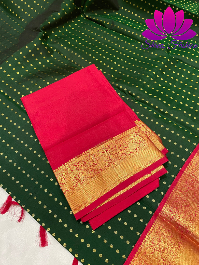 Bottle Green With Red Colour Combinations Dotted Design Kanchipuram Silk Saree - Shrees Fashion Australia
