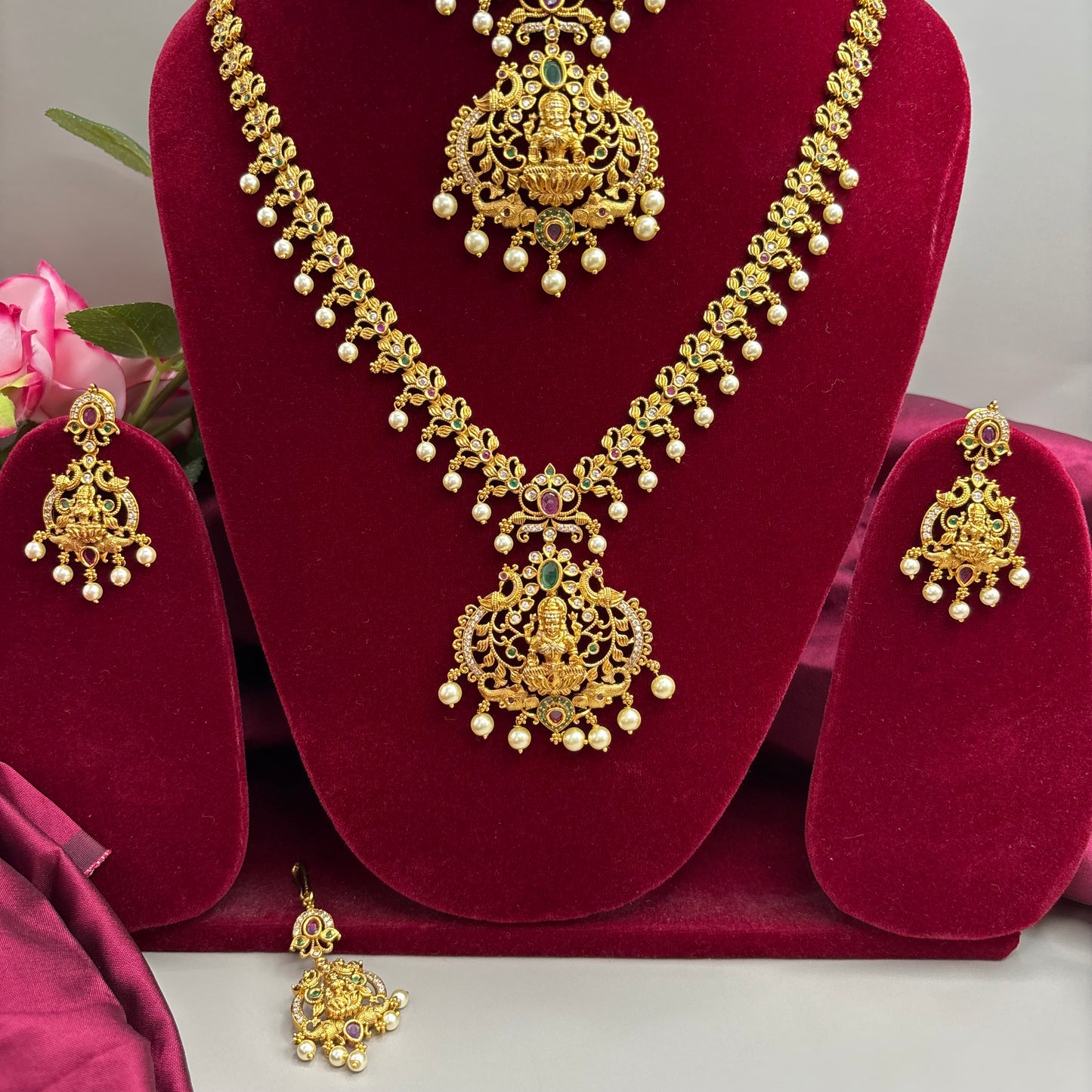 Antique Temple Semi-Bridal Set – Haram, Maang Tikka & Earrings South Indian Matte Gold Finish