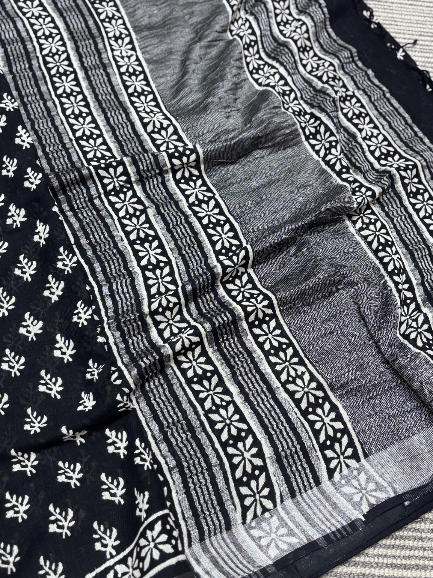 Elegant Black Linen Cotton Saree Featuring Traditional Hand Block Designs | Shrees Fashion
