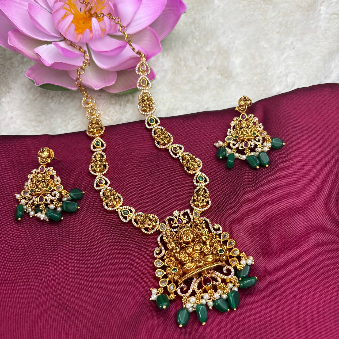 Heritage Radiance – Nakshi Matte Gold Necklace Set with Green Beads
