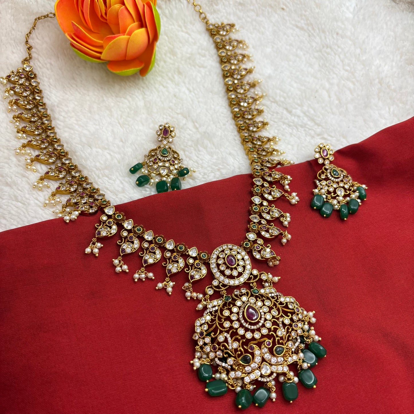Premium quality matte gold finish long haram sets with green beads