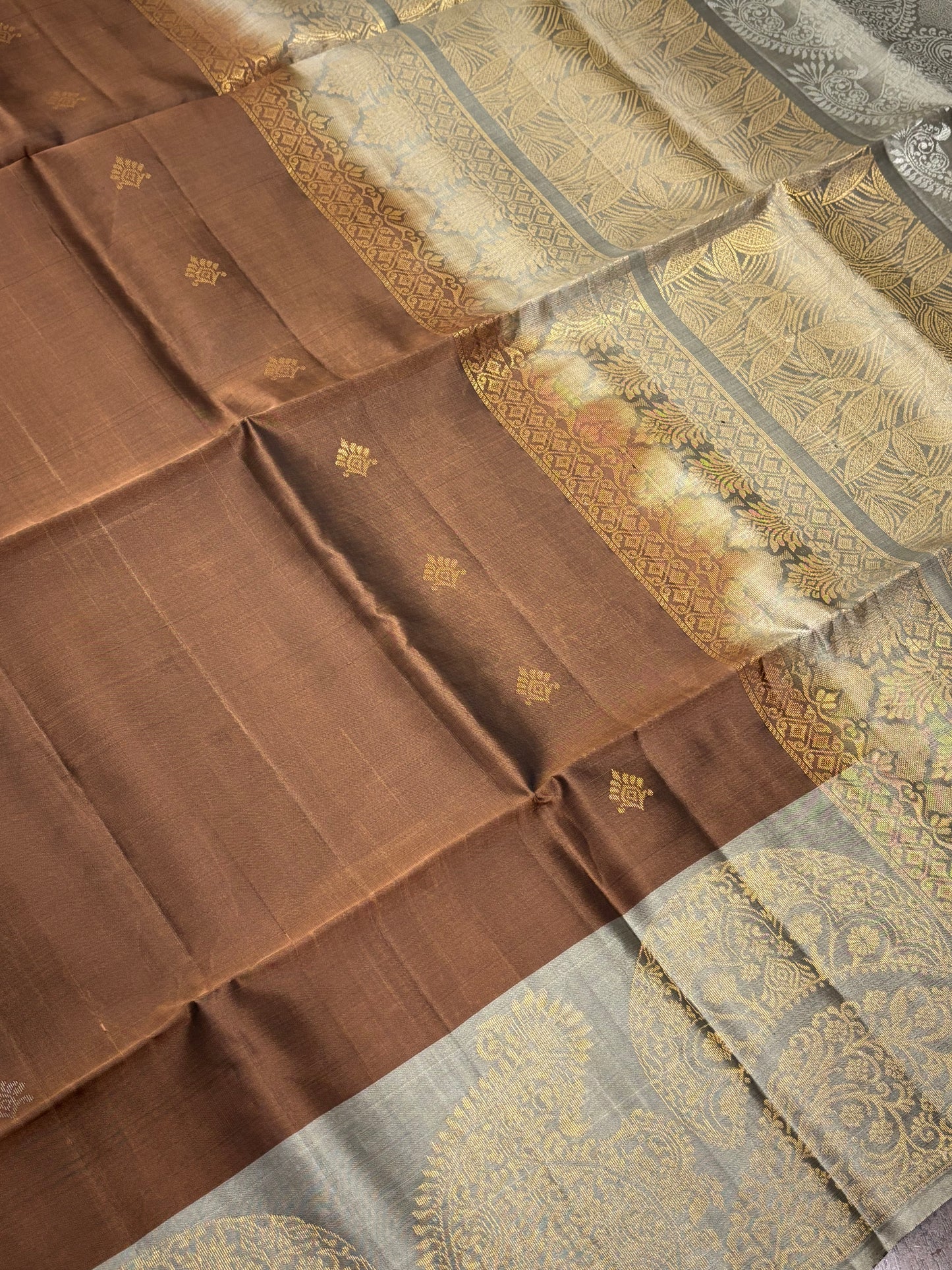 Brown and Grey Kanchipuram Silk Saree