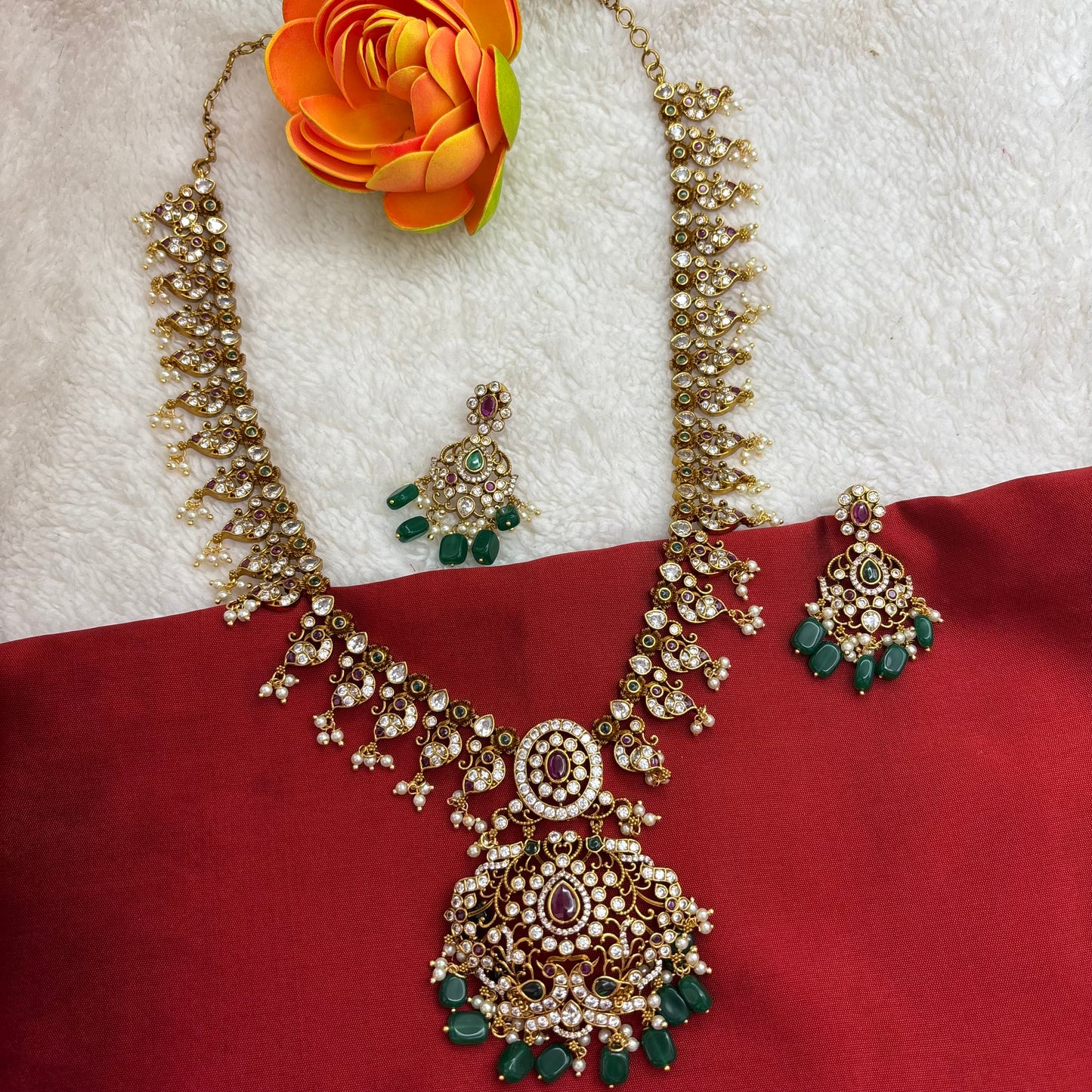 Premium quality matte gold finish long haram sets with green beads