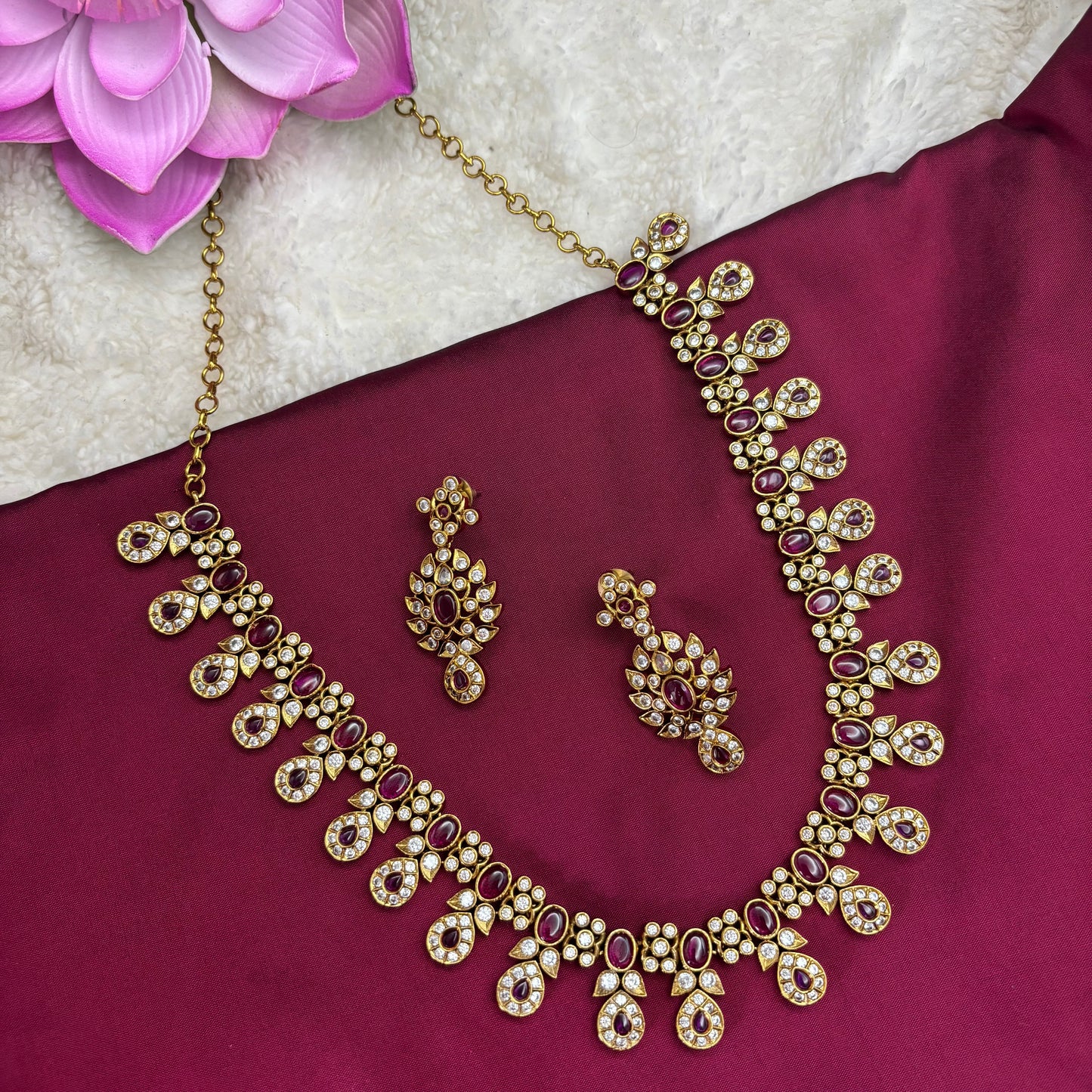 Grace in Bloom – Pink Kemp & CZ Stone Necklace Set in Antique Finish