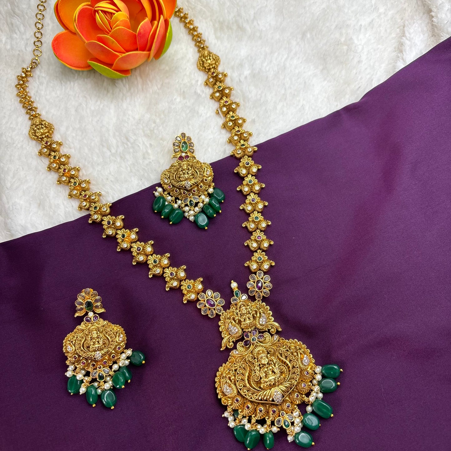 Beautiful Nakshi Design long haram with green beads