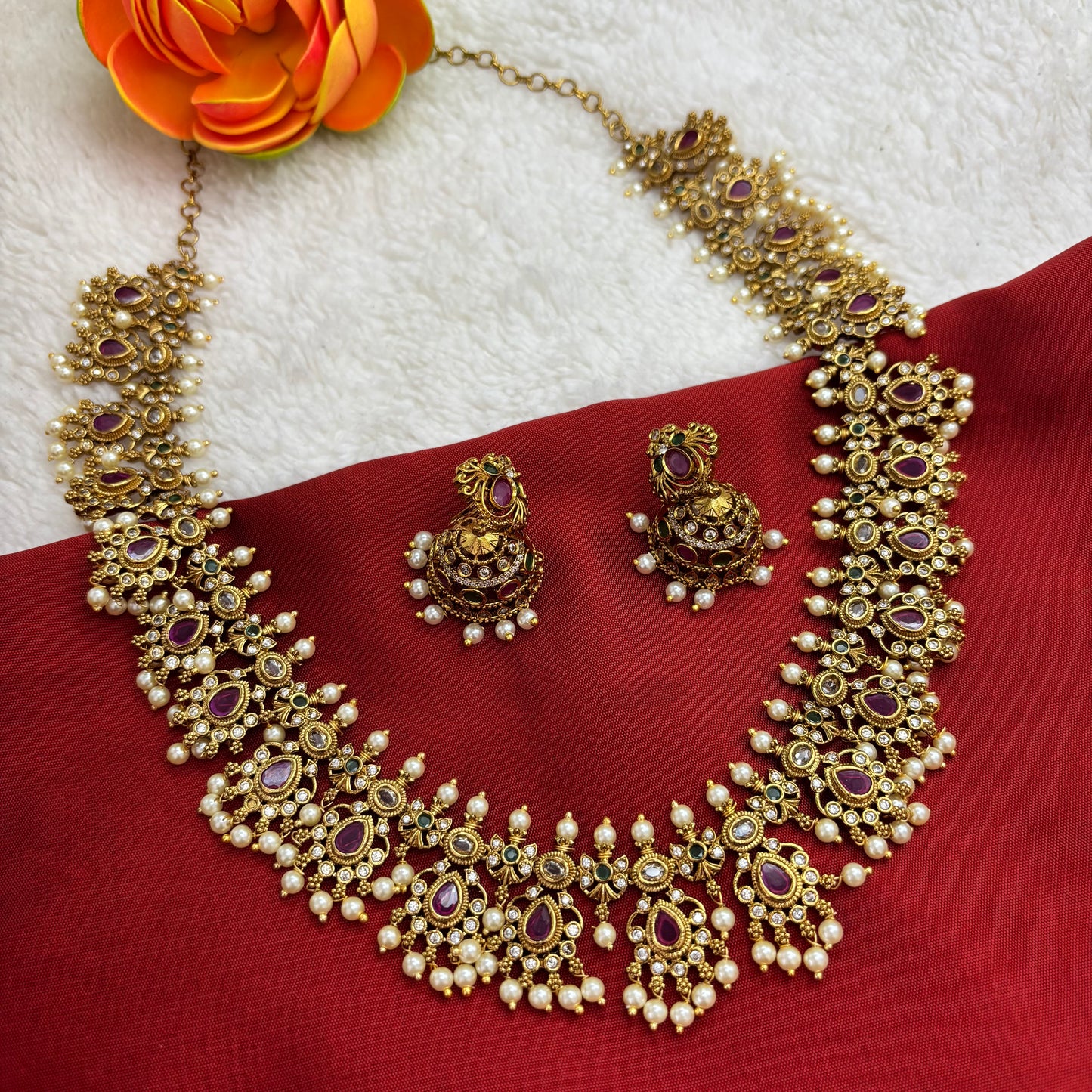 Matte Gold Kuttapusalu Haram Set – Temple-Inspired Elegance with Heritage Pearl Detailing