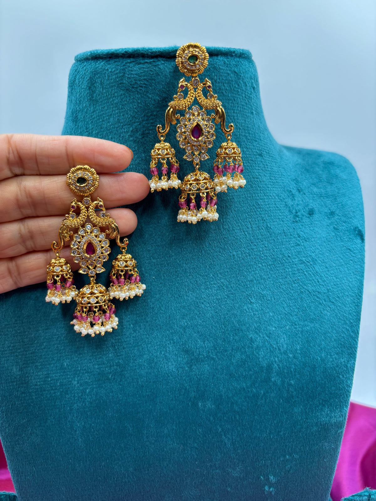 Antique Jhumka Earrings with Light Pink Stones & Pearls – Peacock Design