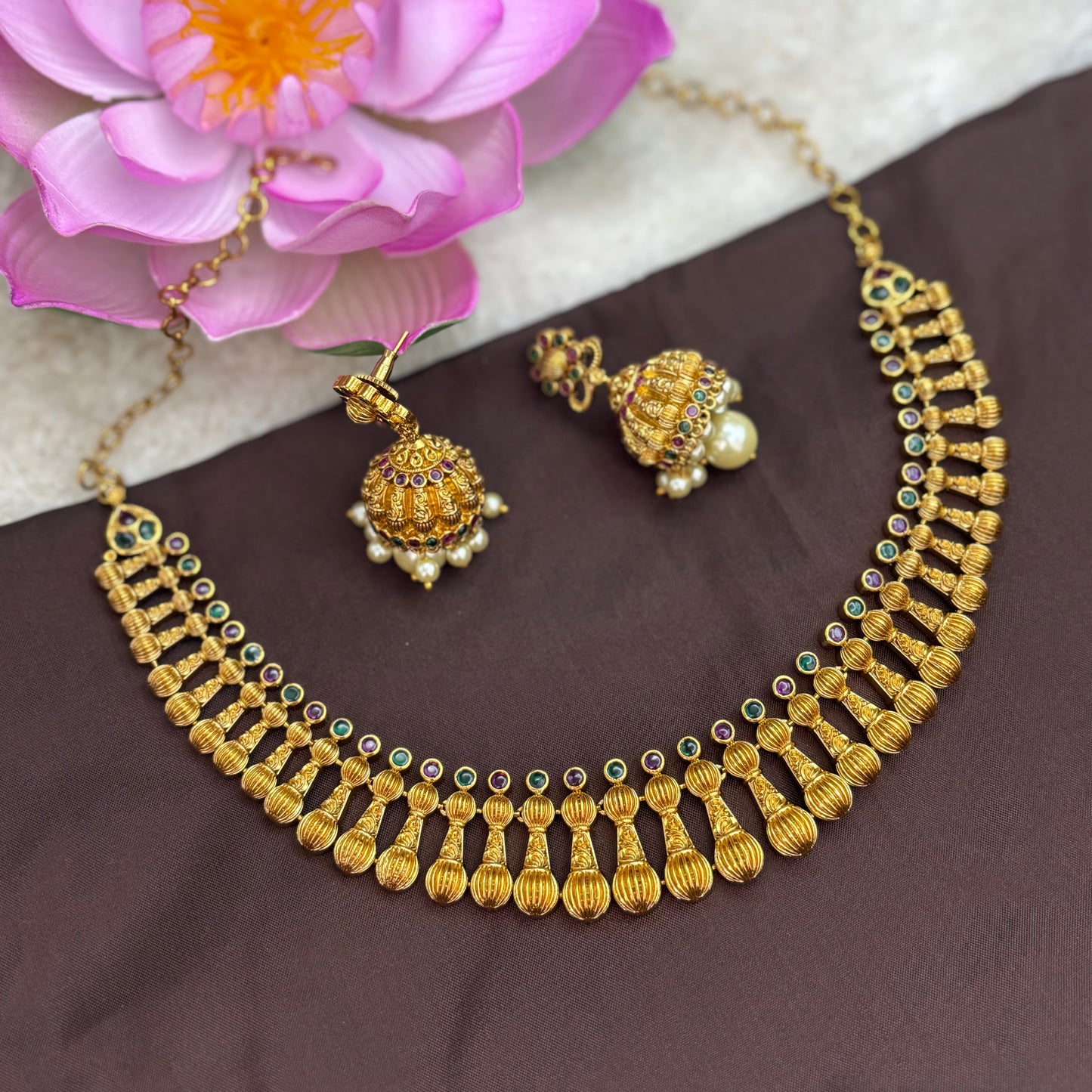 Royal Radiance – Kerala Style Kemp Necklace Set in Pink & Green