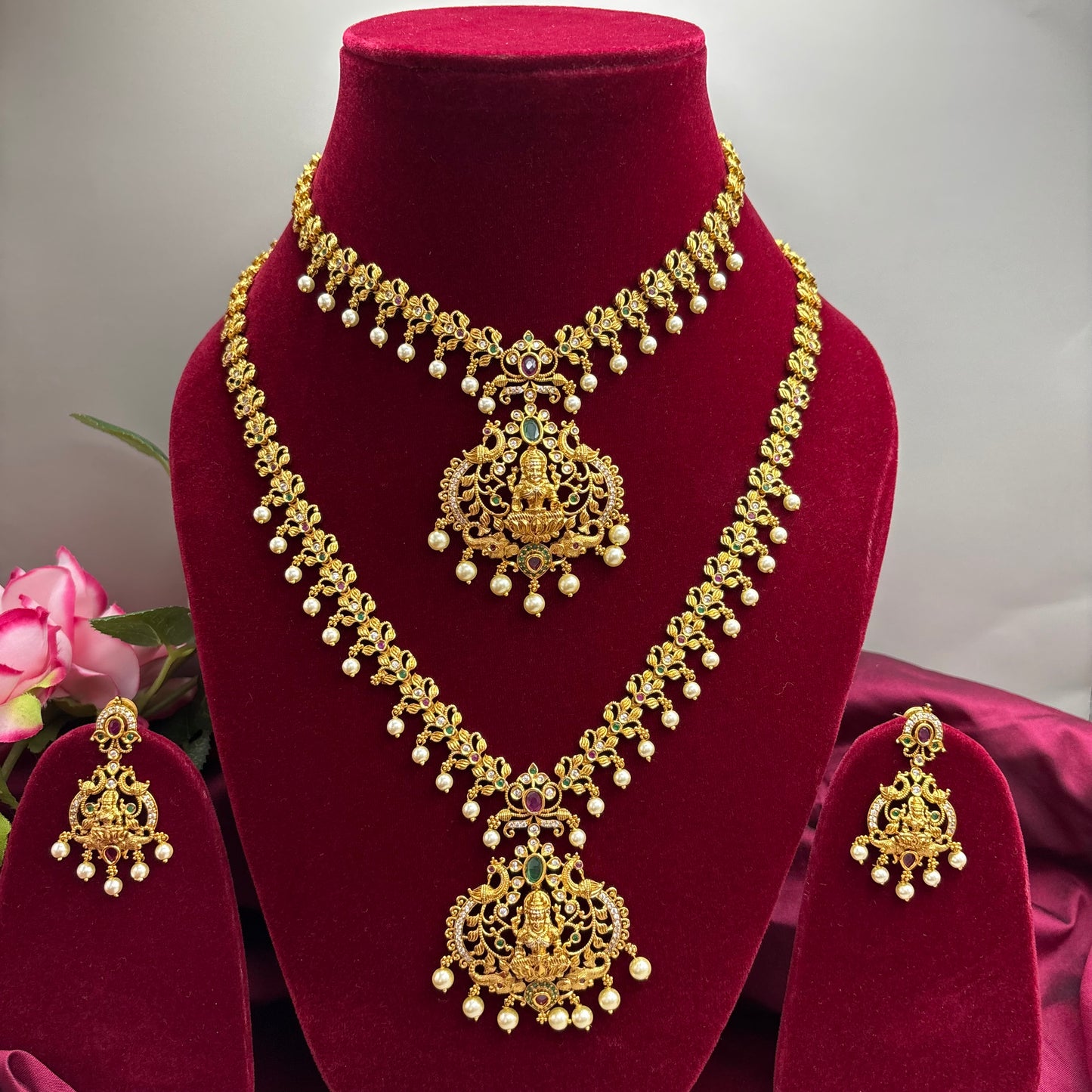 Antique Temple Semi-Bridal Set – Haram, Maang Tikka & Earrings South Indian Matte Gold Finish
