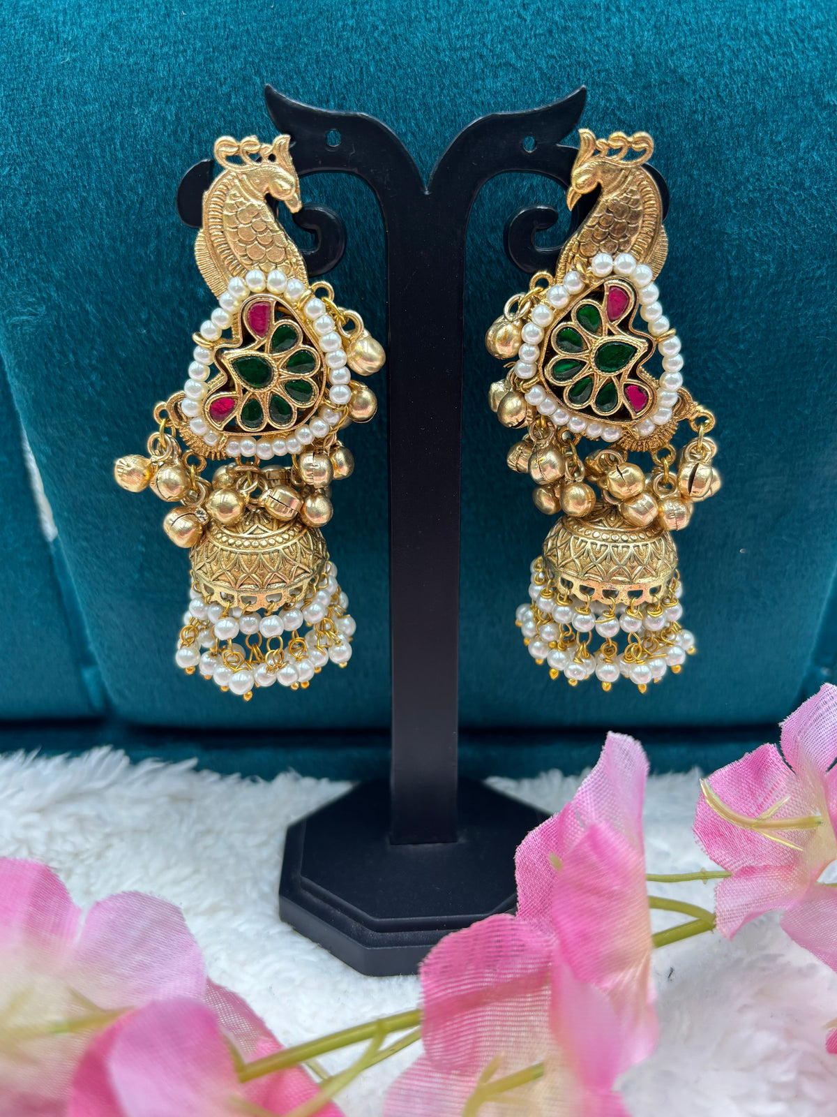 Classic Gold Finish Peacock Meenakari Earrings with Pearls & Gold Beads