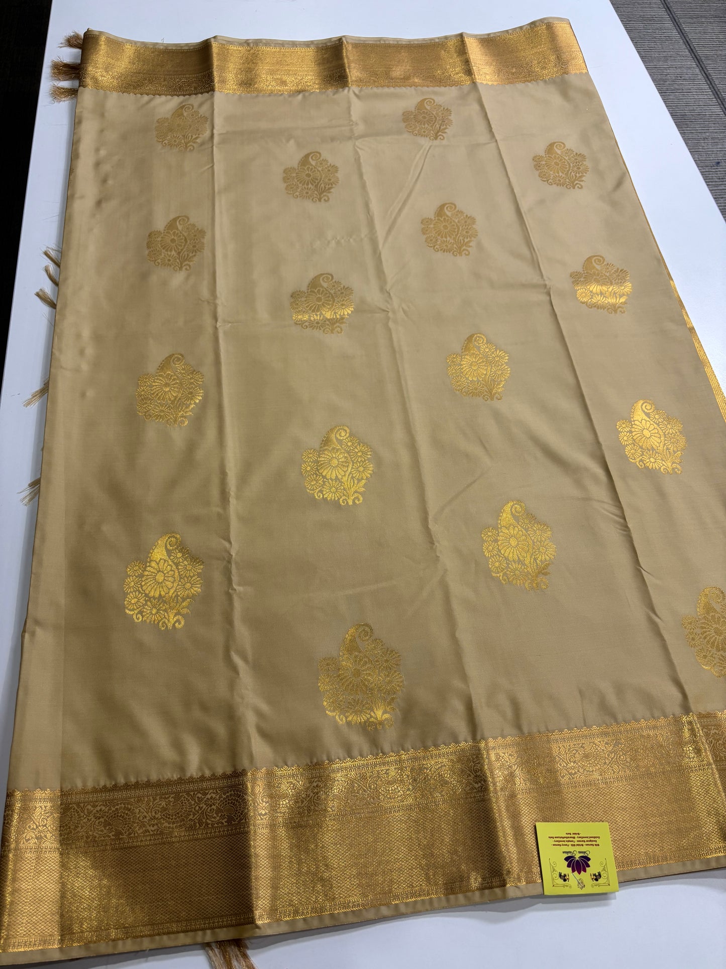 Elegant Beige Semi Silk Saree with Traditional Mango Butta