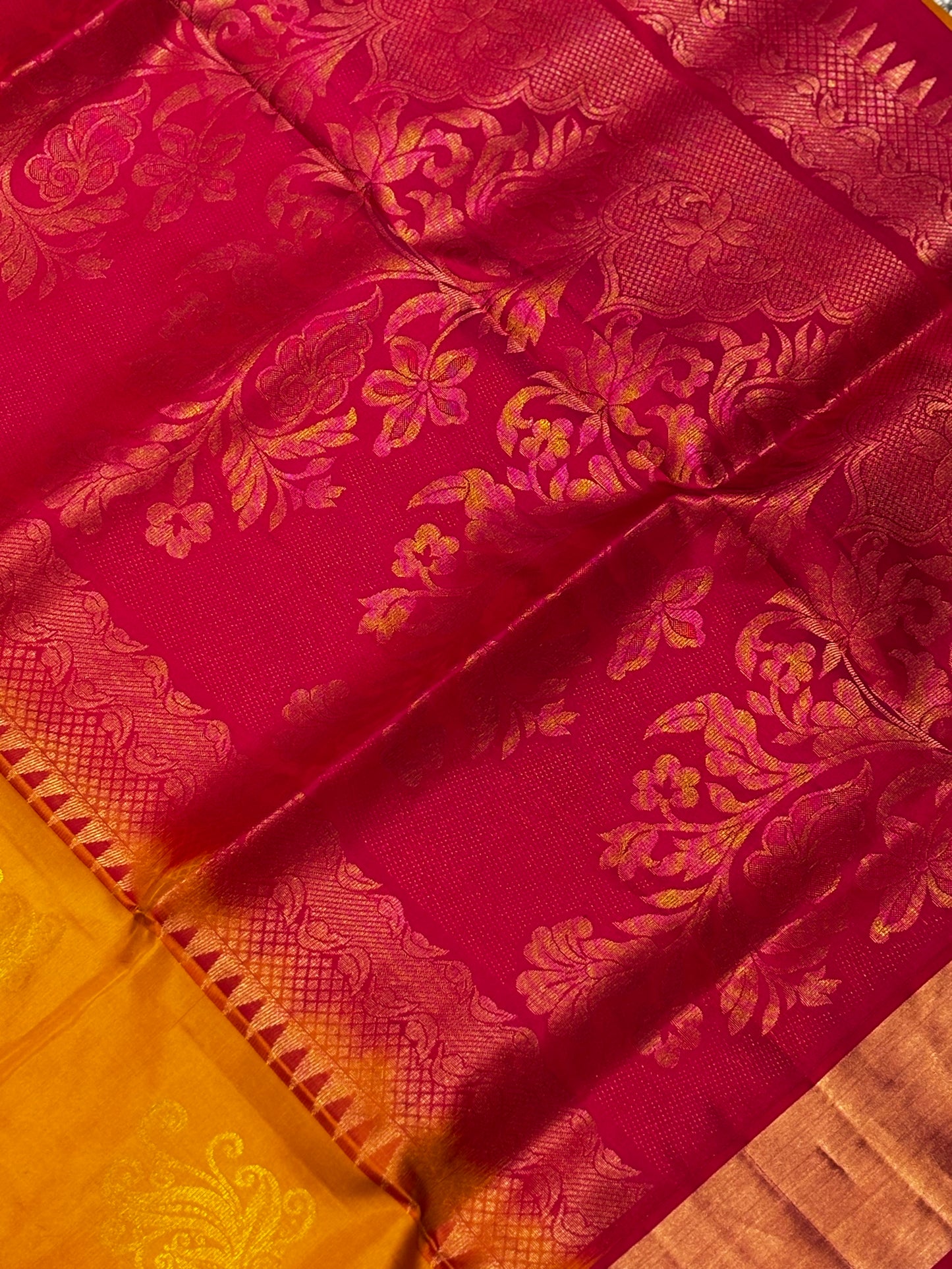 Elegant Pure Kanchipuram Silk Saree in Yellow with Golden Zari and Pink Contrast