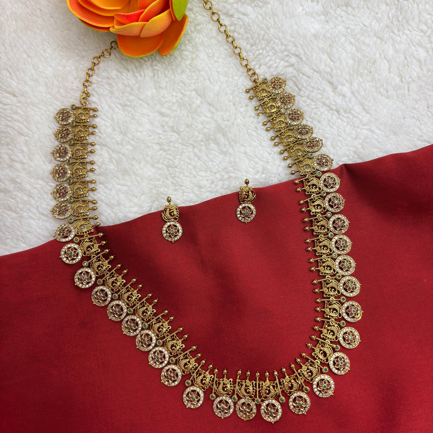 Matte Gold Haram – Coin & Peacock Motif Antique Finish Bridal Necklace