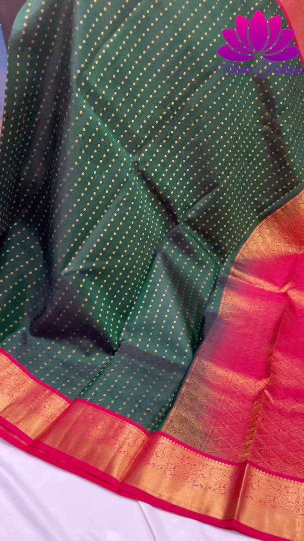 Bottle Green With Red Colour Combinations Dotted Design Kanchipuram Silk Saree - Shrees Fashion Australia
