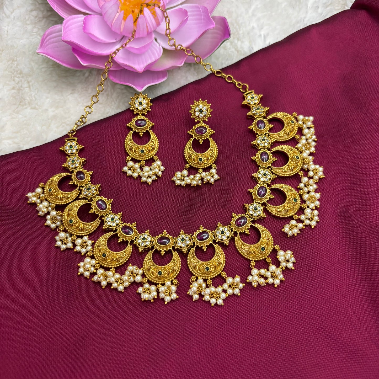 Moonlit Majesty – Chandbali Necklace Set in Antique Gold Finish