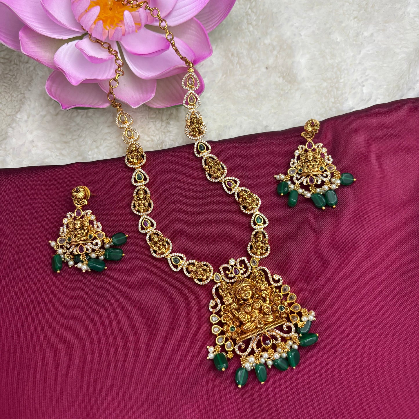 Heritage Radiance – Nakshi Matte Gold Necklace Set with Green Beads