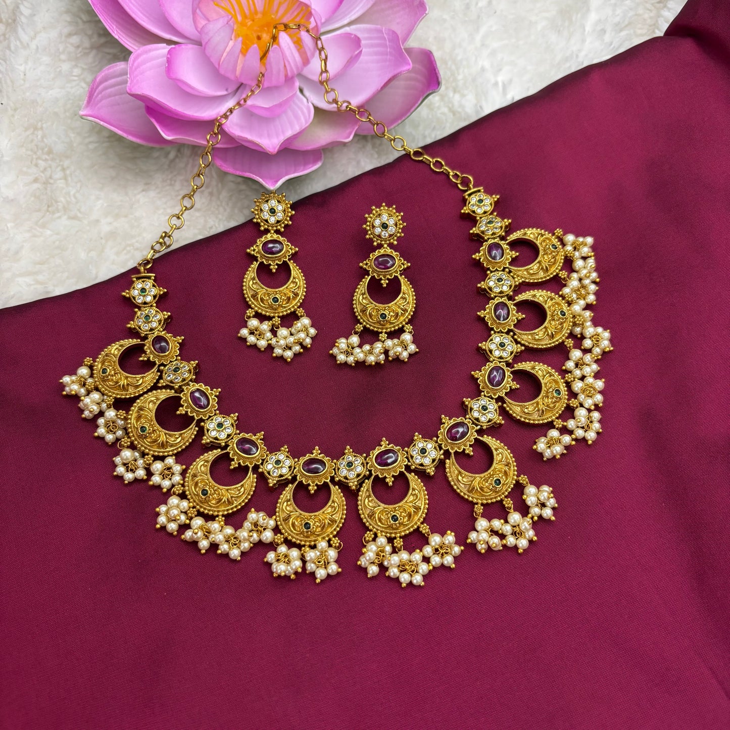Moonlit Majesty – Chandbali Necklace Set in Antique Gold Finish