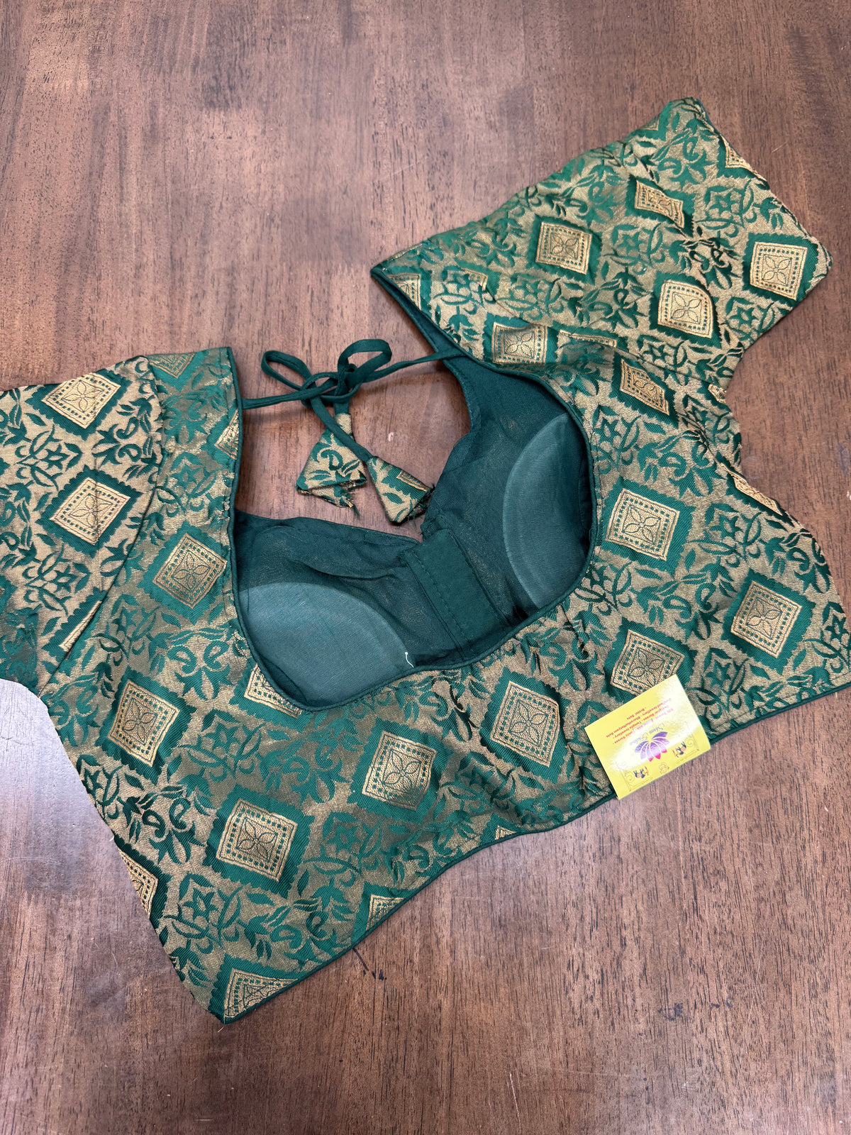 Elegant Bottle Green Diamond‑Pattern Brocade Blouse with Gold Accents
