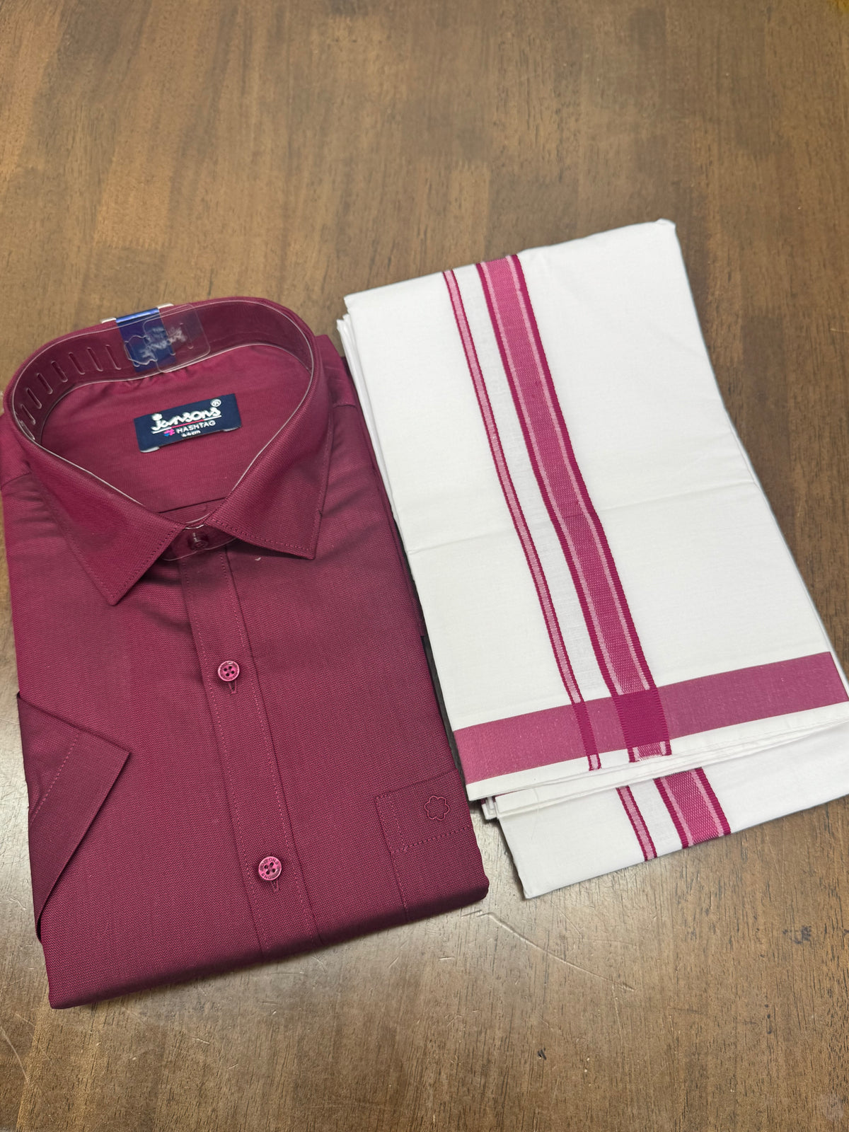 Traditional Magenta Half‑Sleeve Shirt and White Veshti with Rich Border