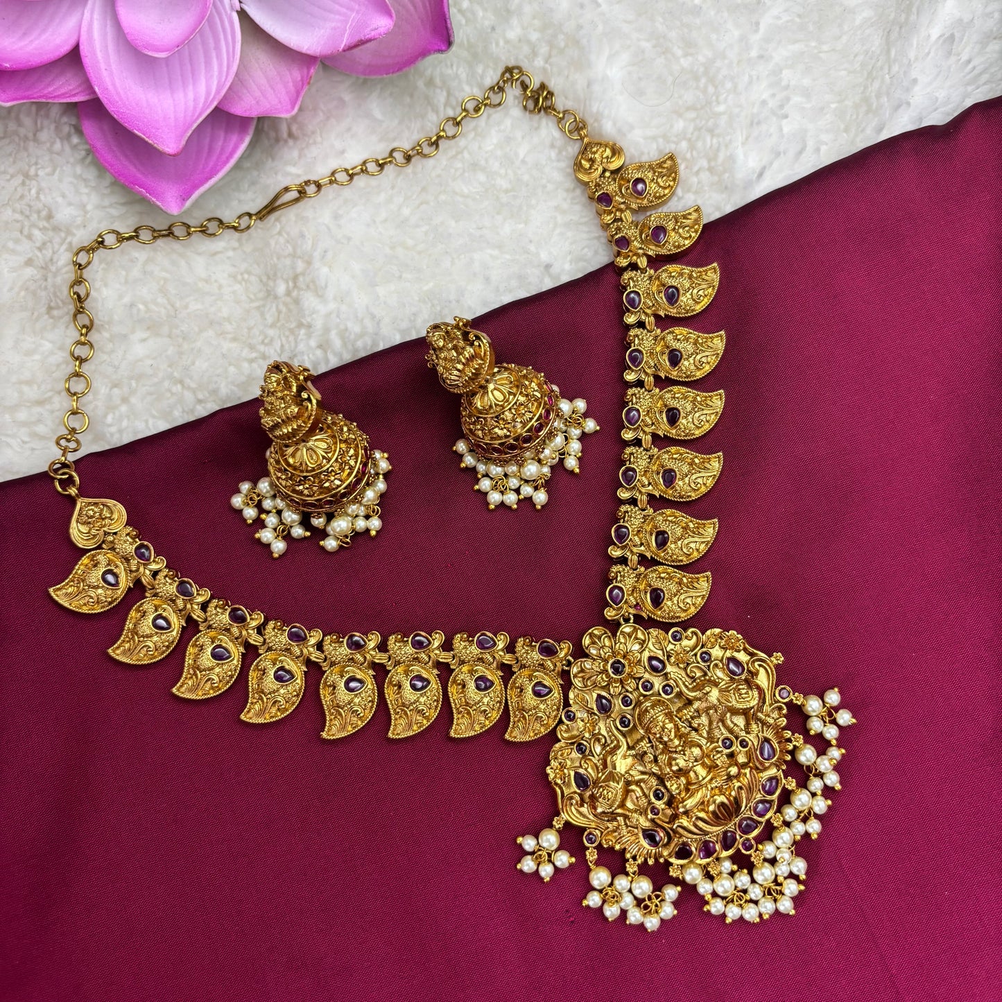 Sacred Bloom – Temple & Mango Design Necklace Set with Pink Stones and Jhumkas