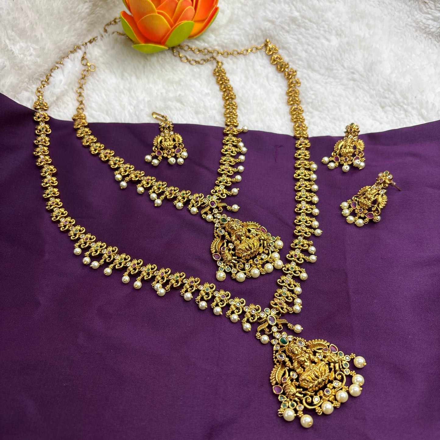Divine Elegance – Temple Design Semi-Bridal Set with CZ Stones & Pearls