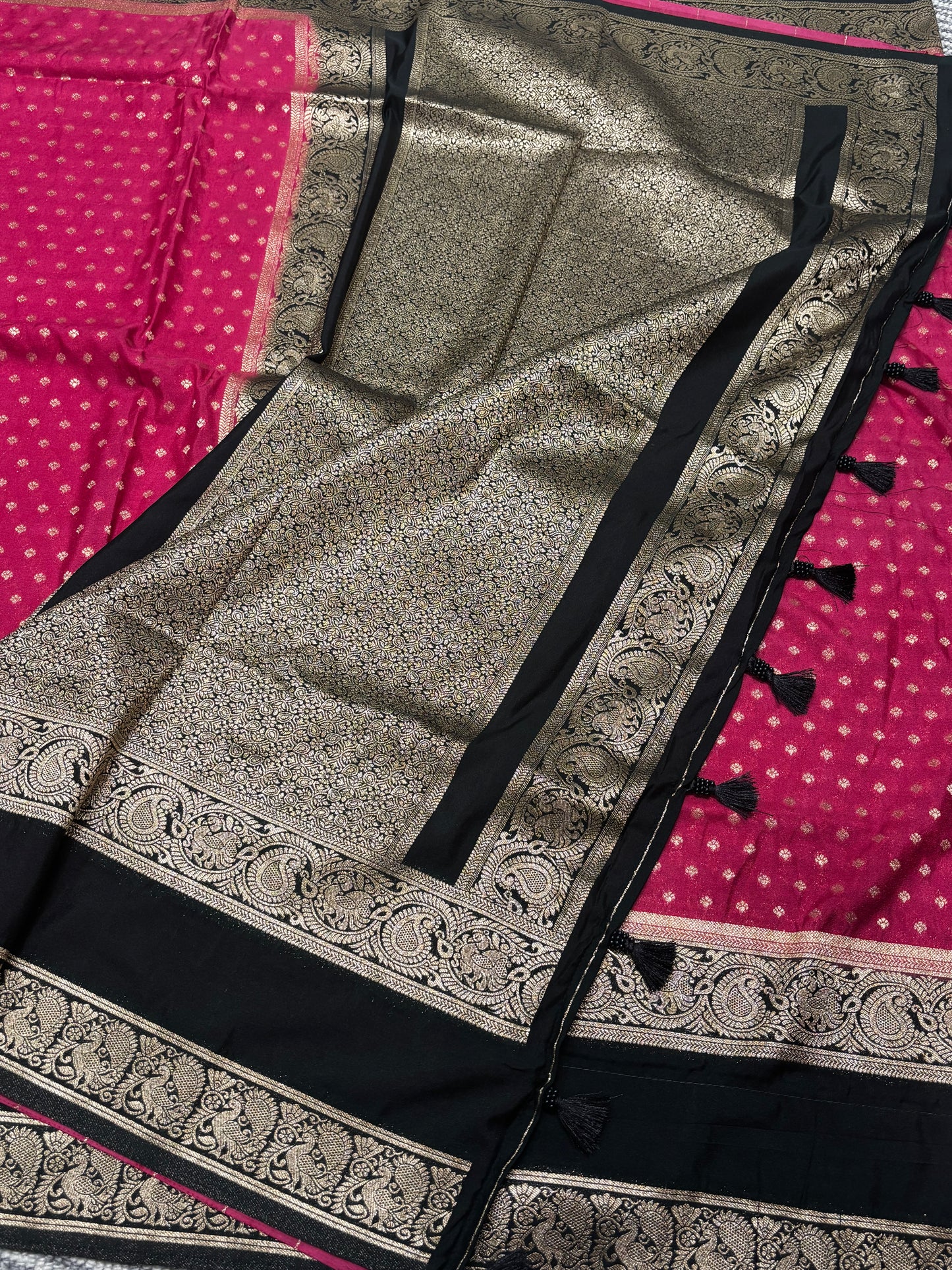 Elegant Pink Banarasi Soft Silk Saree with Elephant Black Border, Pallu & Contrast Blouse Piece