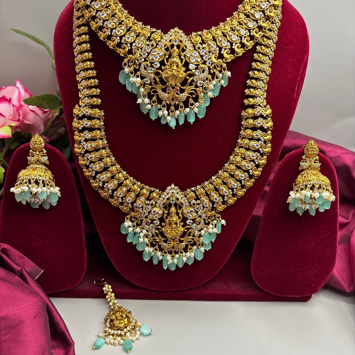 Temple Design Matte Gold Semi-Bridal Set with Sky Blue Motifs, Earrings & Tikka