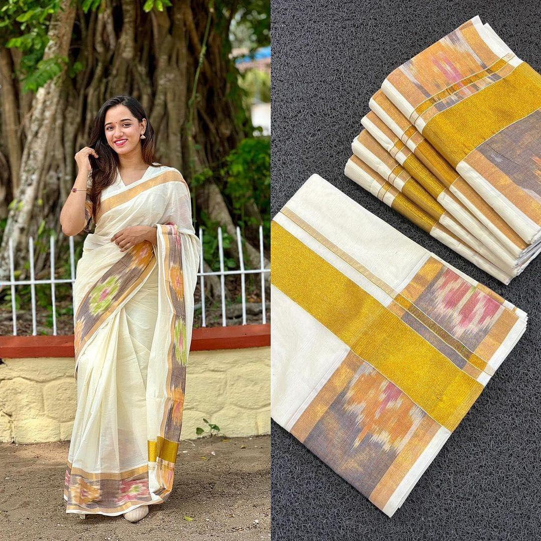 Pochampalli Border Kerala Kasavu Cotton Saree – Traditional & Elegant | Shrees Fashion