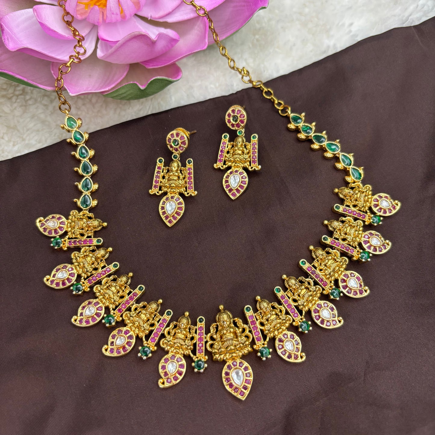 Eternal Heritage – Mango & Temple Design Necklace Set with Green and Pink Kemp Stones