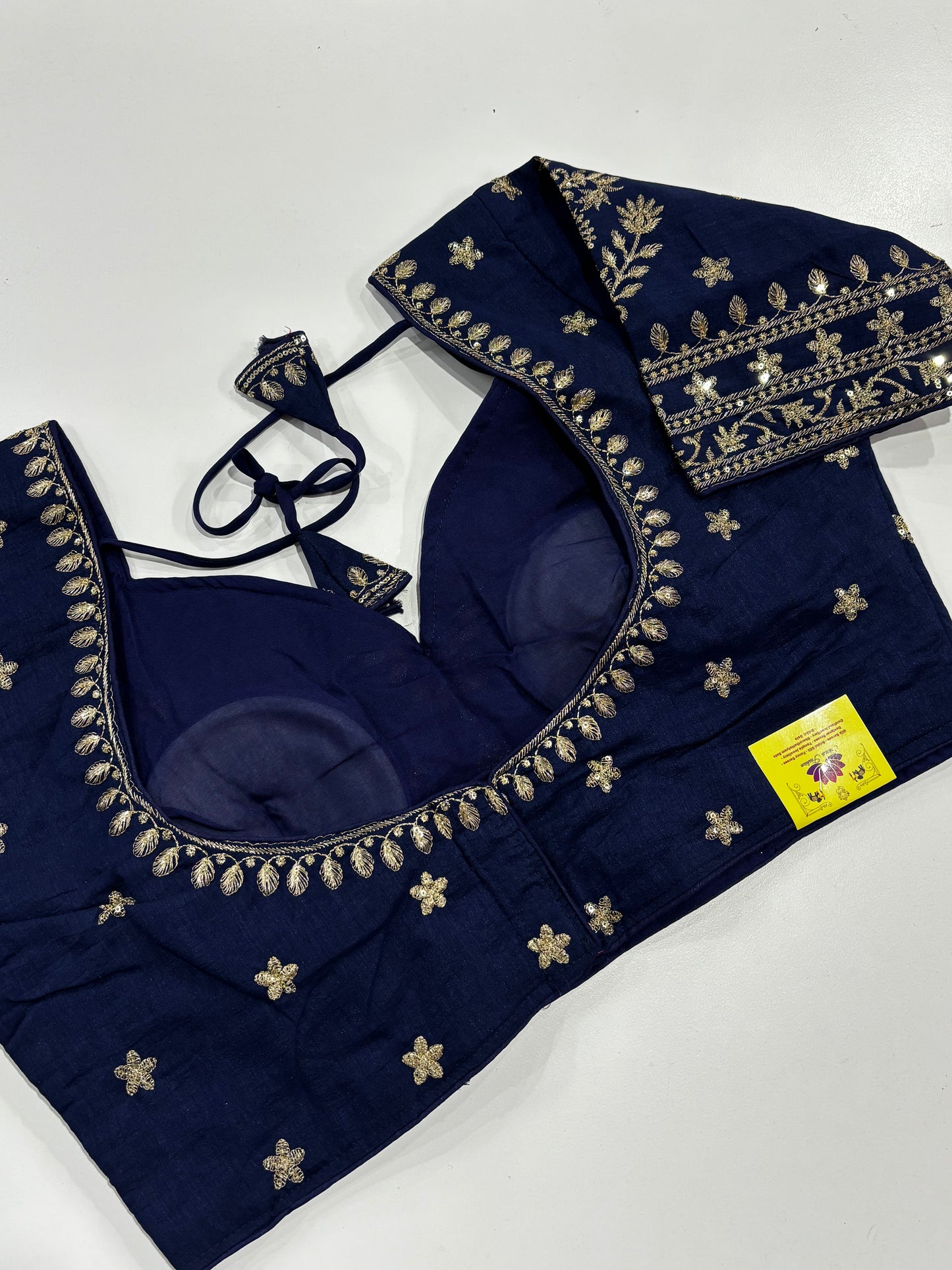 Elegantly Detailed Plus Size Dark Blue Traditional Embroidered Silk Saree Blouse with Gold Thread Work & Back Tassels | Shrees Fashion