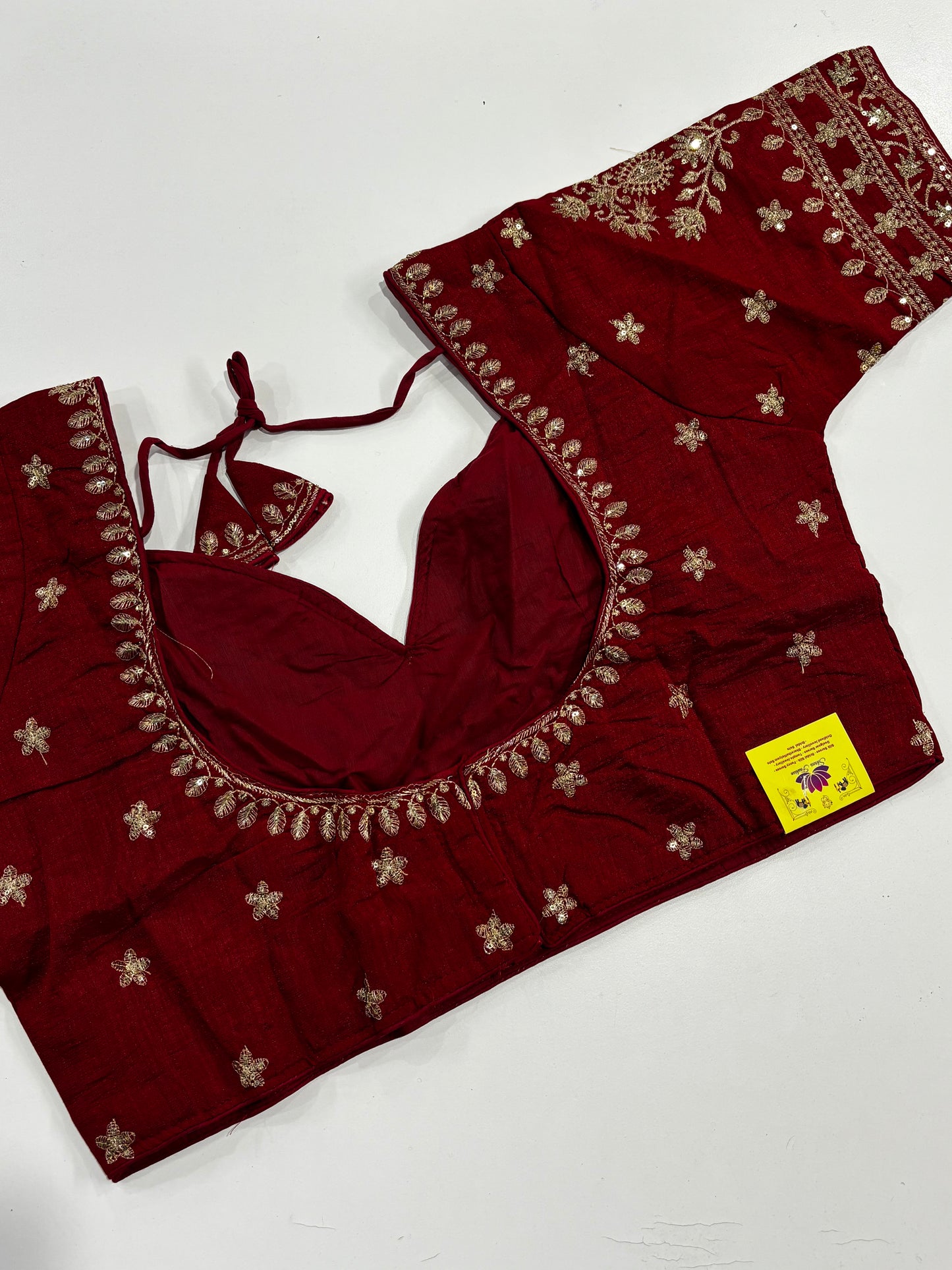 Elegantly Detailed Plus Size Maroon Traditional Embroidered Silk Saree Blouse with Gold Thread Work & Back Tassels | Shrees Fashion