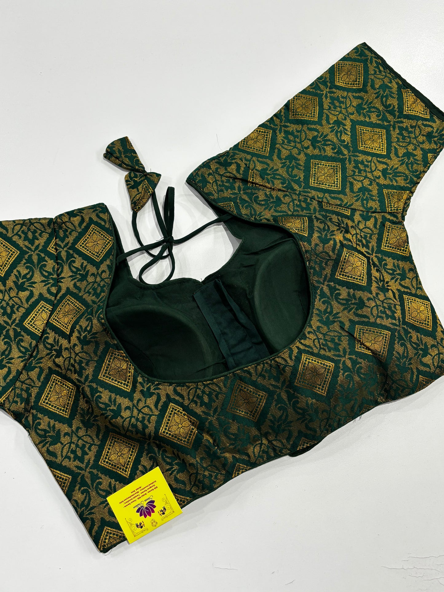 Beautiful Green Brocade Blouse with Golden Finish, Front Hooks & Matching Tassels