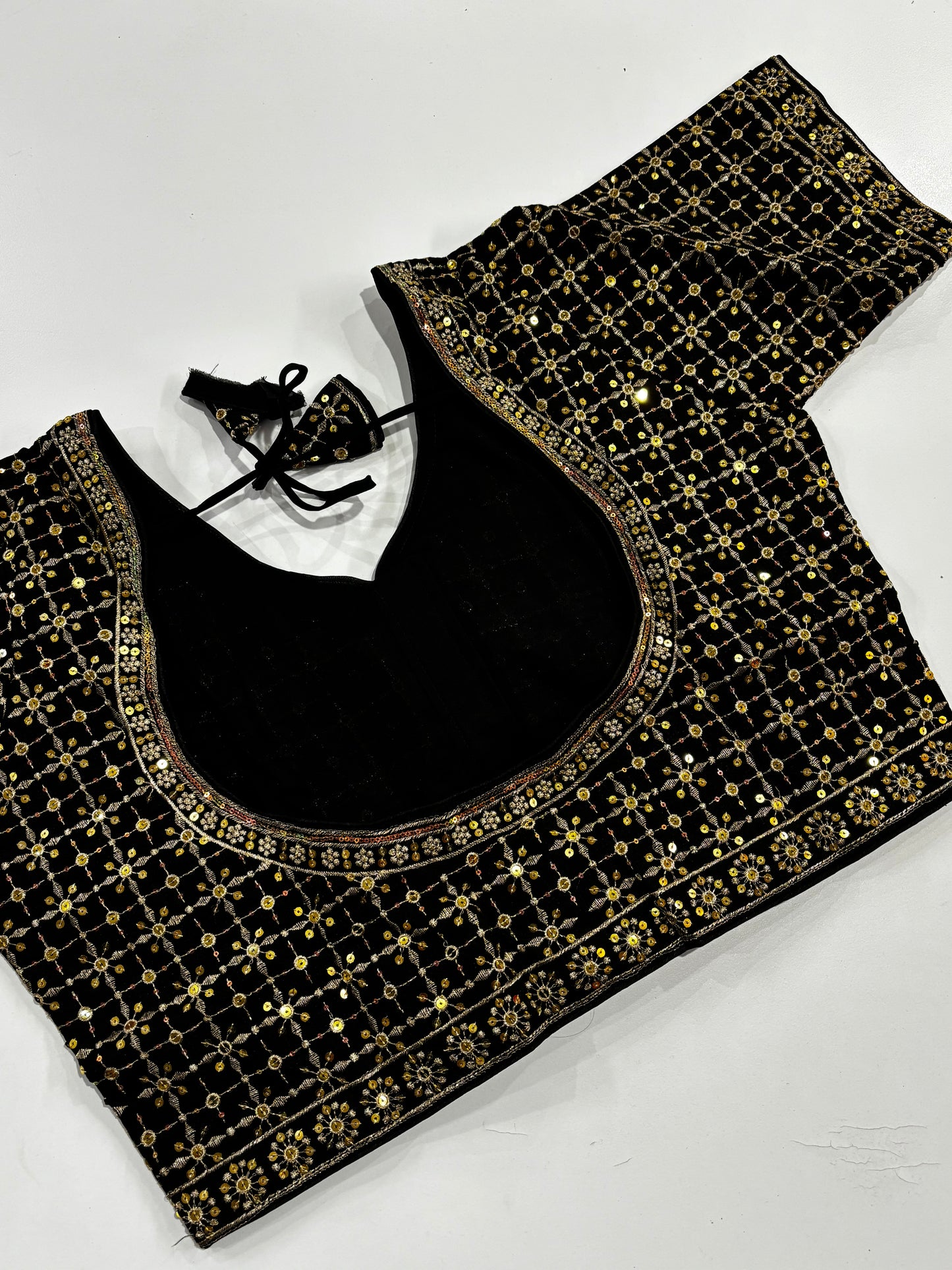 Elegantly Detailed Plus Size Black Embroidered Silk Saree Blouse with Gold Work & Back Tassels | Shrees Fashion