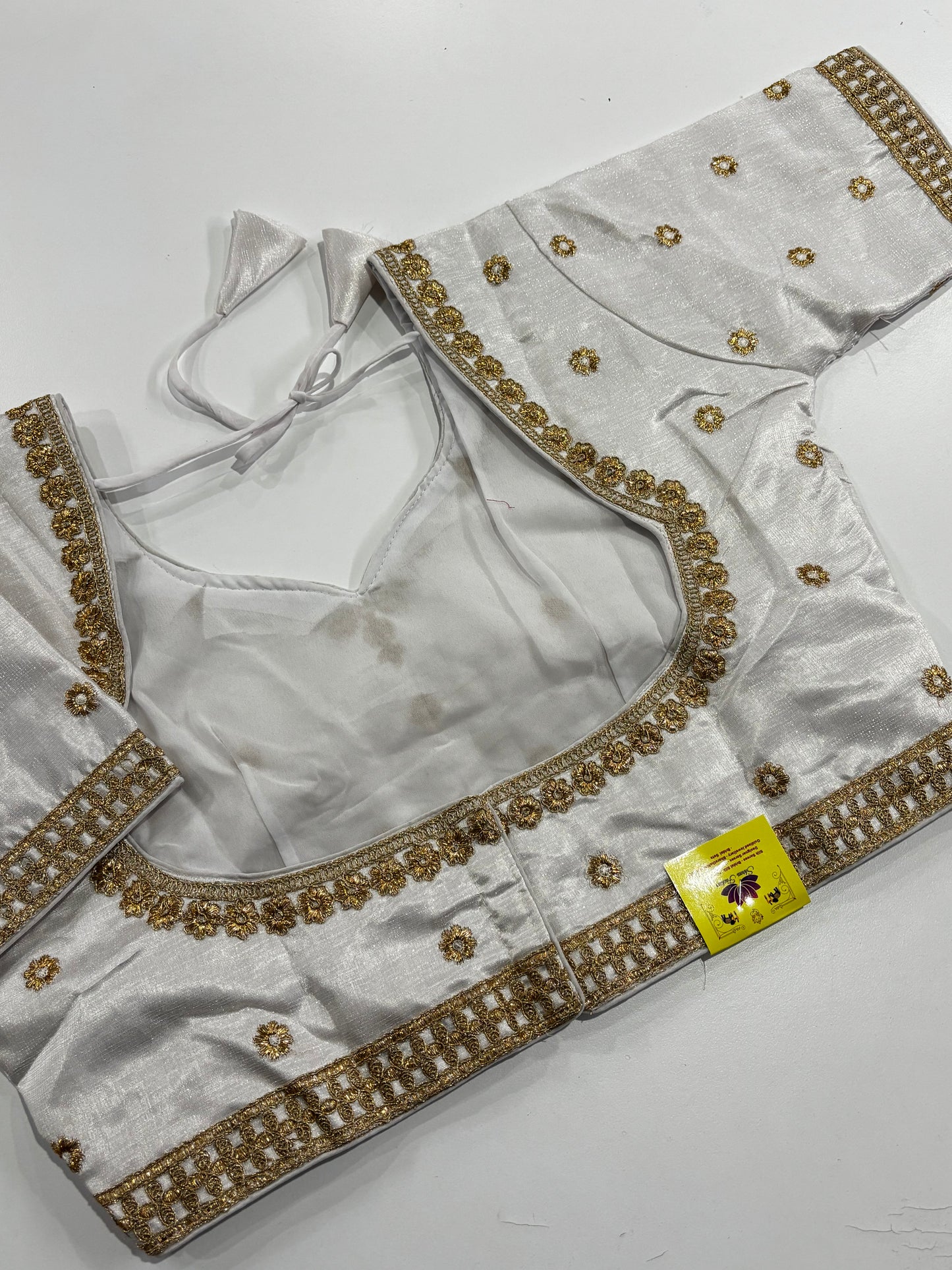 Elegantly Detailed Plus Size White Embroidered V‑Neck Silk Saree Blouse with Gold Work | Shrees Fashion