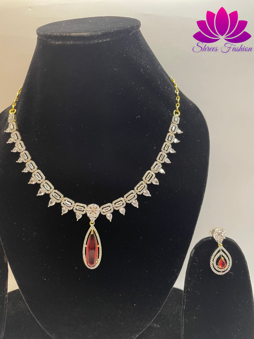 Gilded Elegance Gold-Plated American Diamond Necklace with Central Pink Stone Accent | Shrees Fashion