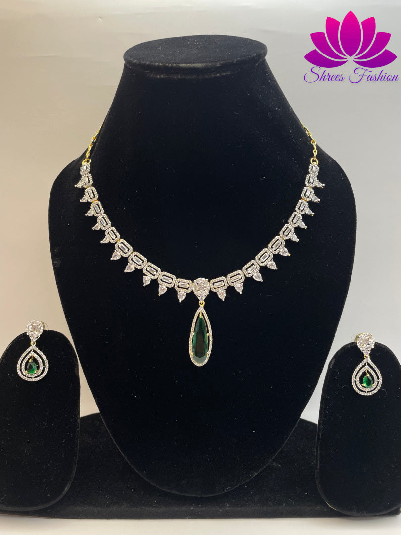 Gilded Elegance Gold-Plated American Diamond Necklace with Central Green Stone Accent | Shrees Fashion