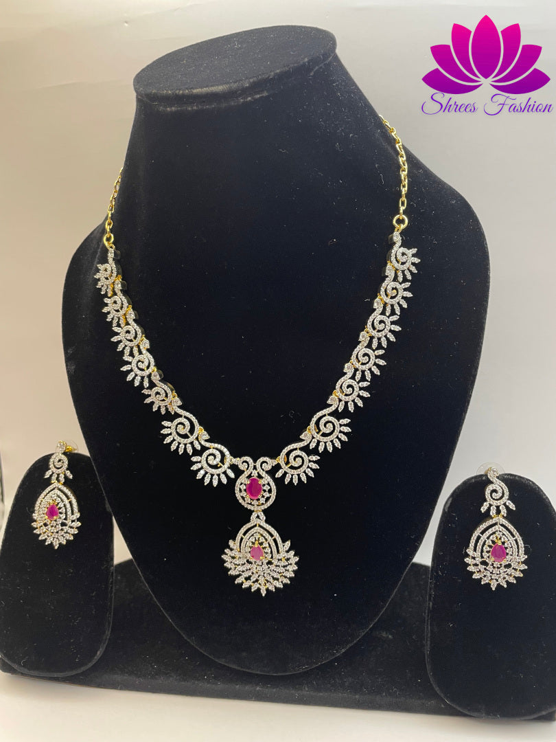 Radiant Elegance Gold-Plated American Diamond Necklace with Central Pink Stone | Shrees Fashion