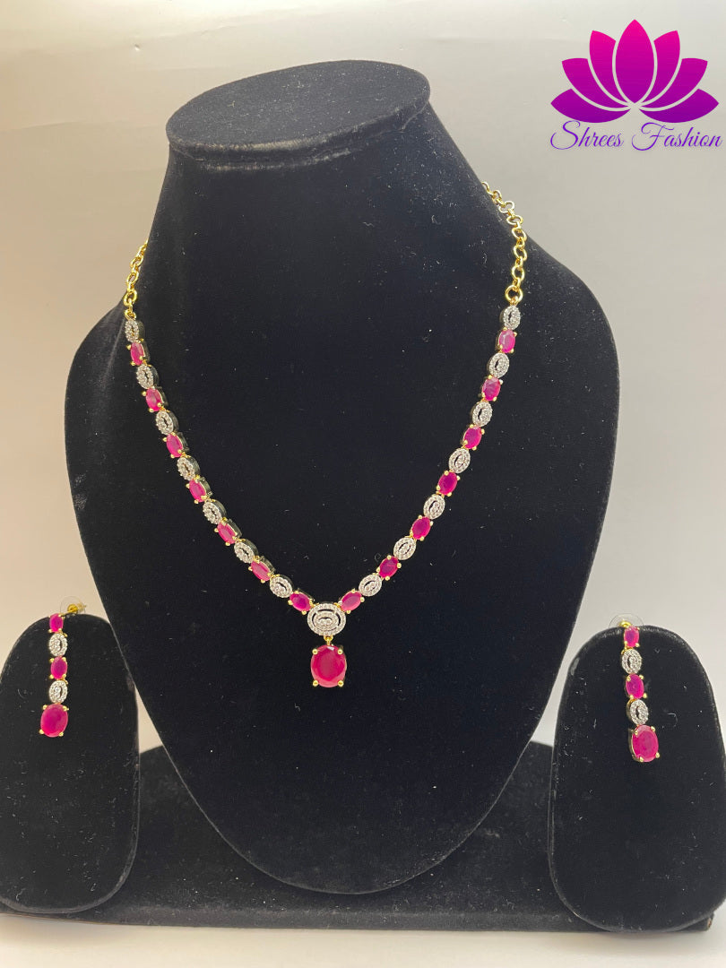 Floral Radiance Gold-Plated American Diamond Necklace with Delicate Flower Design and Pink & White Stones | Shrees Fashion