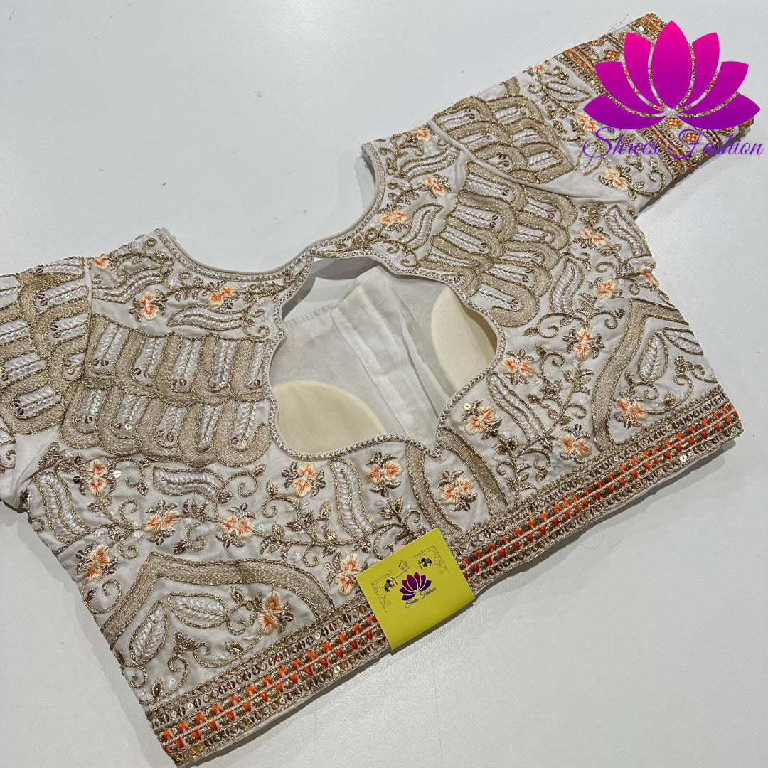 Gilded Grace: White Silk Blouse with Gold Zari Full Work | Shrees Fashion