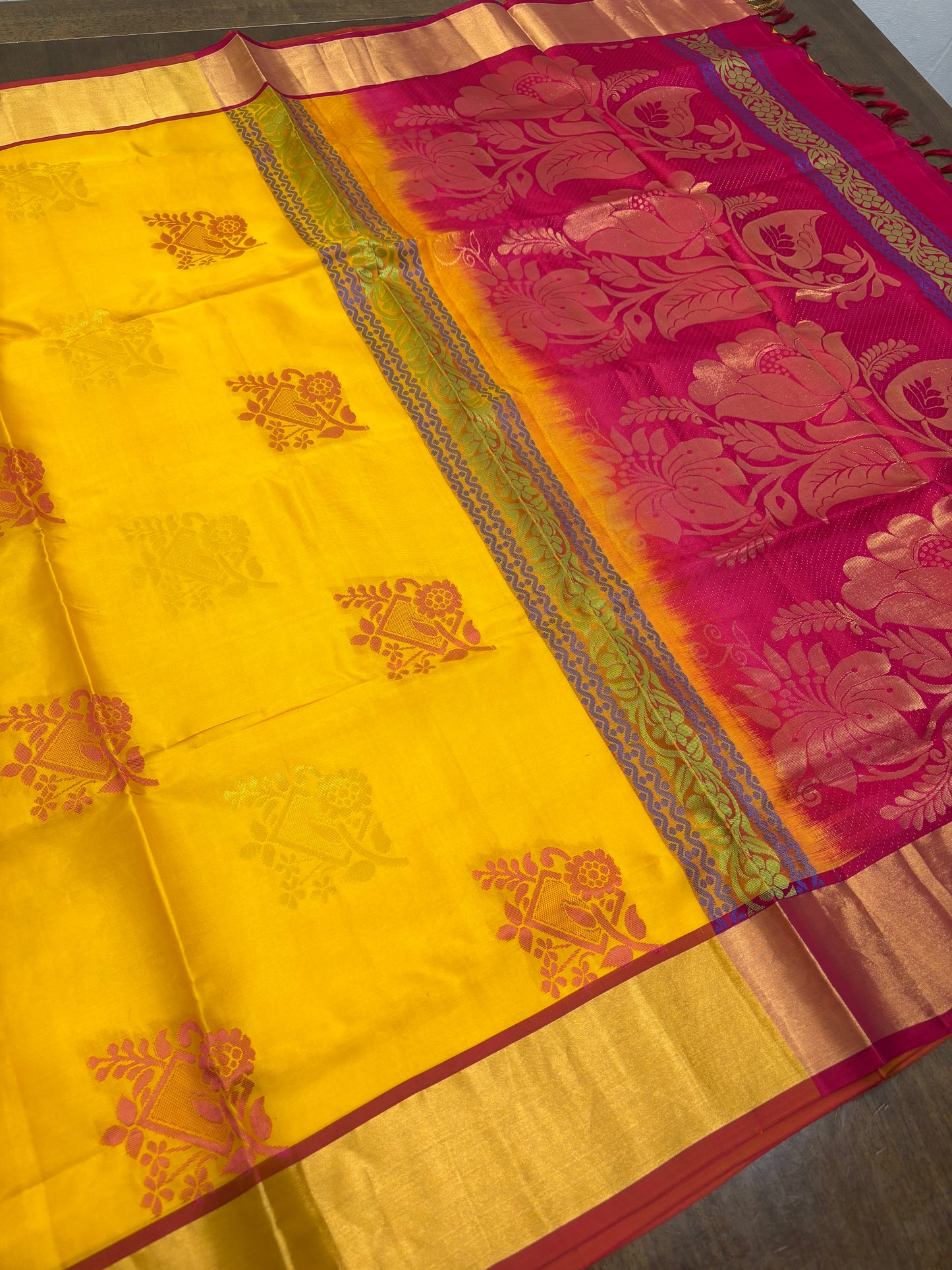 Mango Yellow & Rani Pink Kanchipuram Silk Saree with Traditional Zari Work