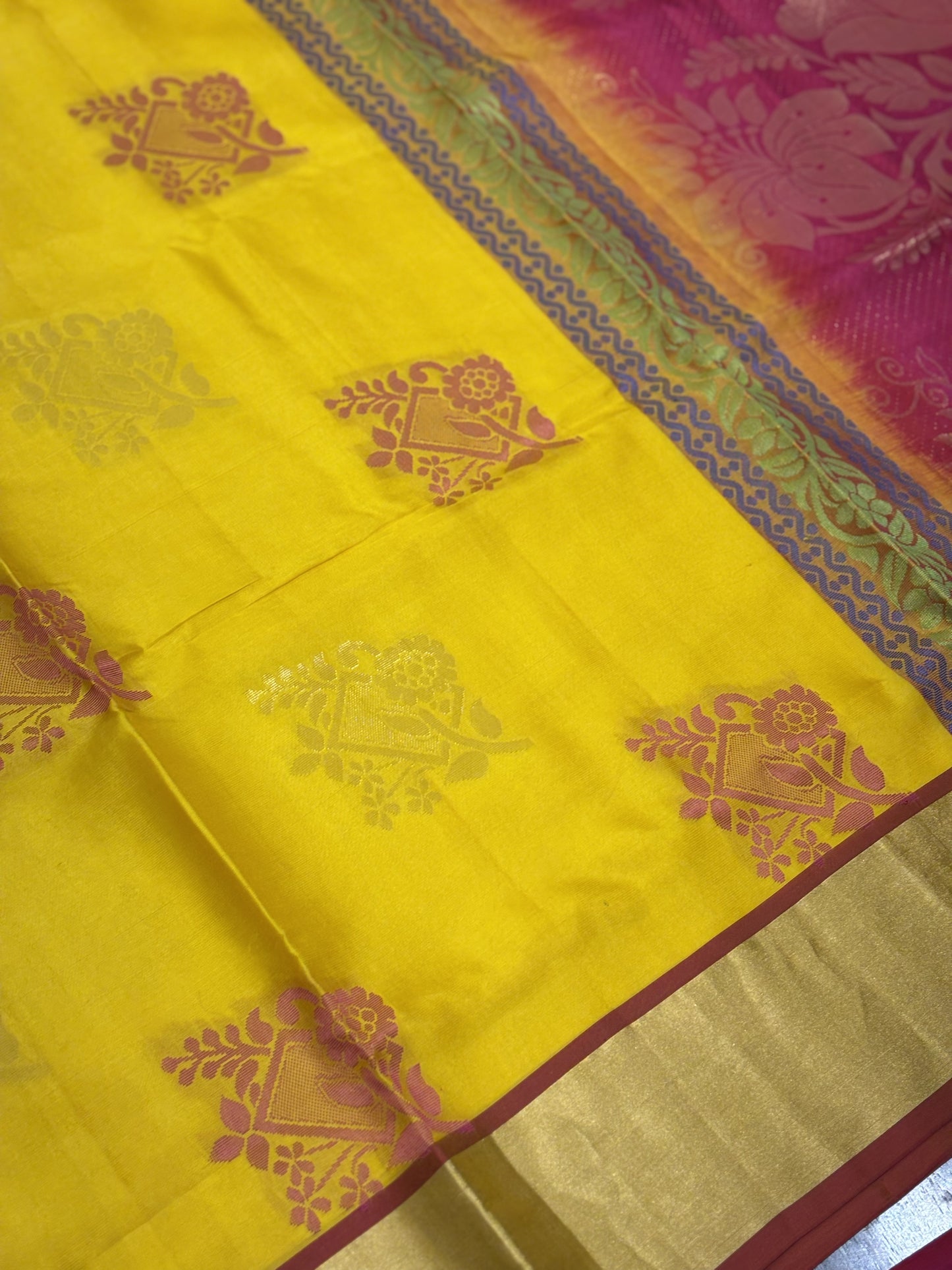 Mango Yellow & Rani Pink Kanchipuram Silk Saree with Traditional Zari Work