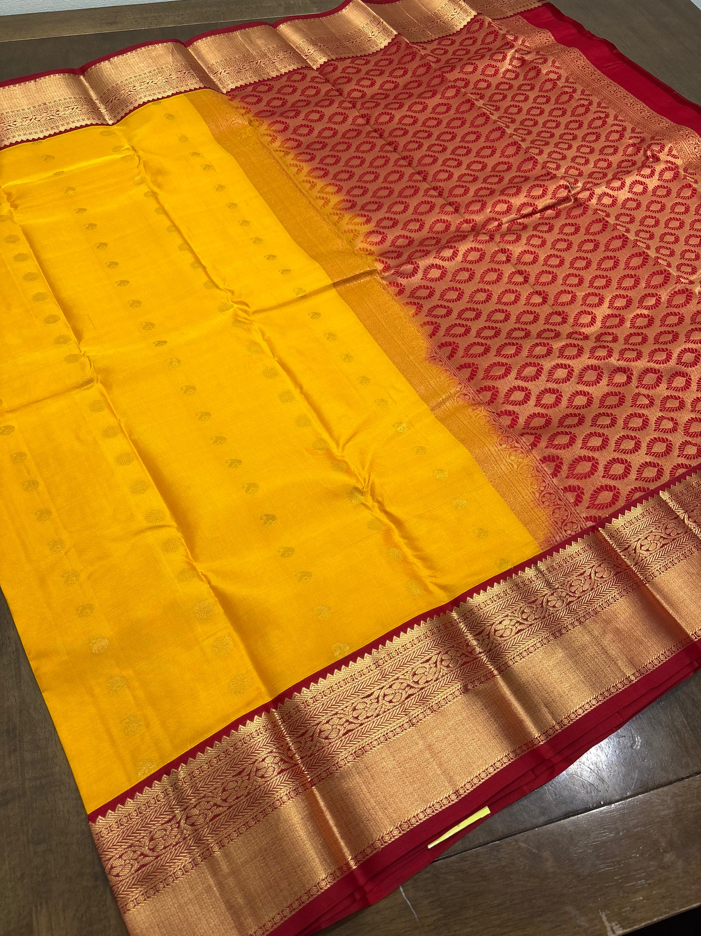 Radiant Yellow and Red Kanchipuram Silk Saree – Pure Handwoven Elegance