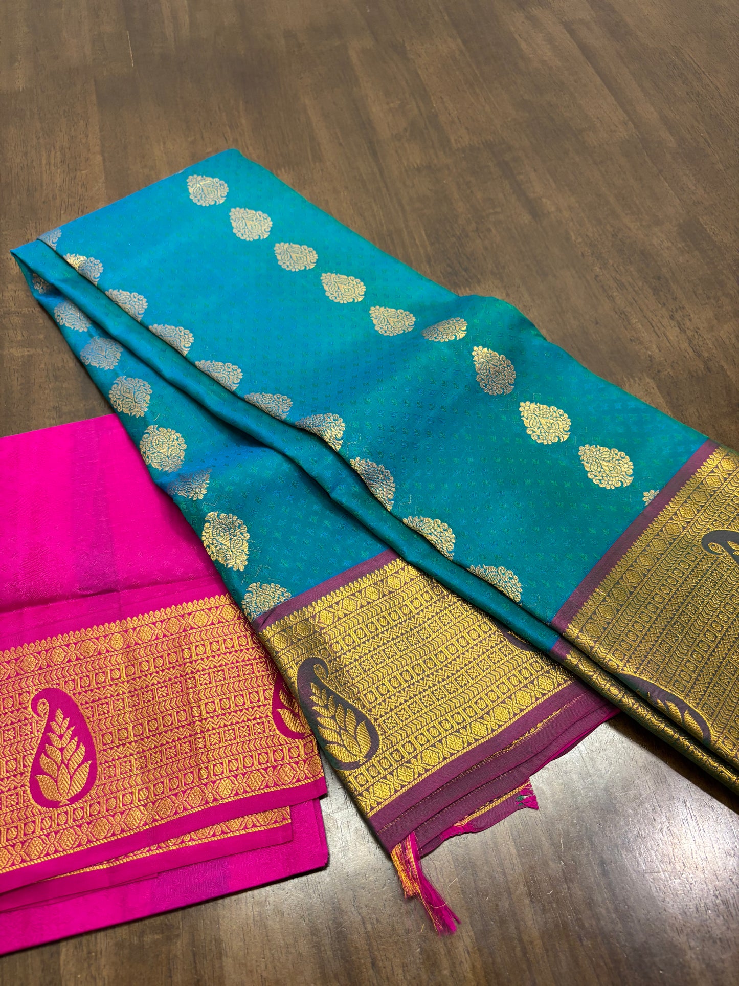 Peacock Green & Rani Pink Pure Kanchipuram Silk Saree with Zari Border