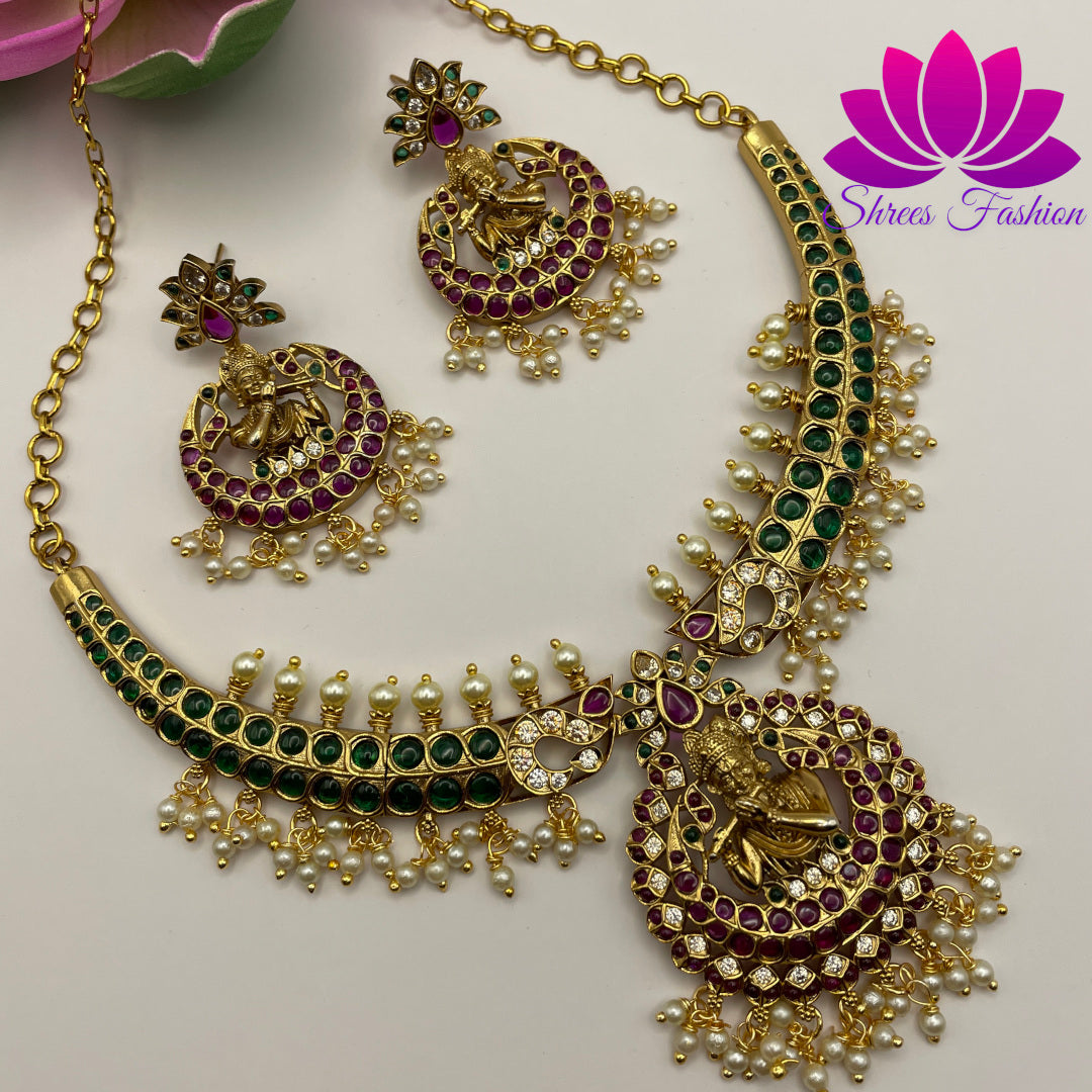 Divine Melody: Pure Kemp Stones Matte Finish Necklace with Krishna Flute Pendant - Shrees Fashion Australia